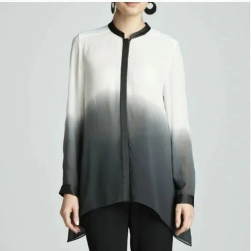 Eileen Fisher NEW Women's 100% Silk Ombre Dip Dye Button Front Tunic Top Sheer